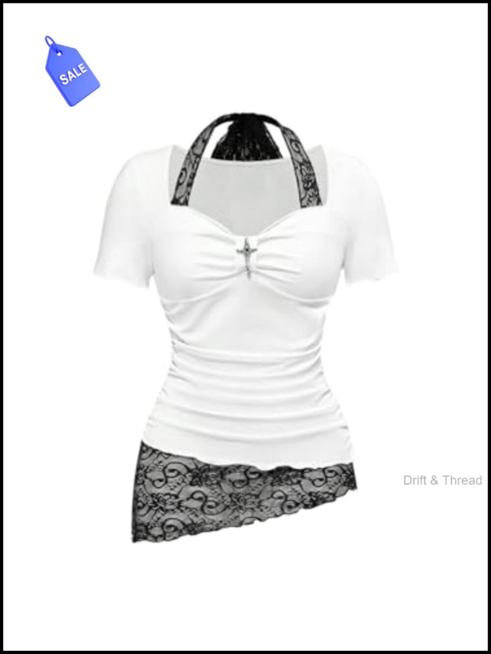 Y2K Short Sleeve Halter Tee with Lace Trim - Ruched Tie Back